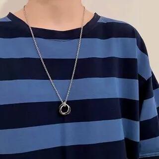 Interlocking Ring Pendant Necklace Titanium Steel Pearl - Necklace & Pendant - Black - 70cm by Soosina