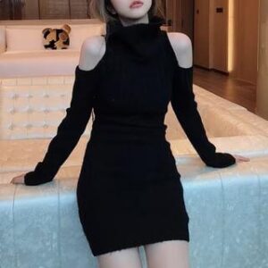 Long-Sleeve Cold Shoulder Turtleneck Plain Ribbed Mini Sheath Sweater Dress Black 251233324