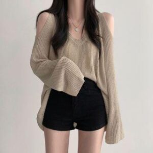 Taupe Slouchy Off-Shoulder Lightweight Knit Jumper — Styling Ideas and Fashion Review taupe slouchy off-shoulder lightweight knit jumper