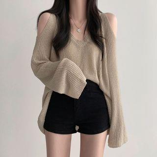 Long Sleeve V-Neck Cold-Shoulder Plain Sweater Almond by Rosesand