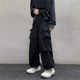 Unisex Drawstring-Waist Cargo Parachute Pants Black by DuckleBeam
