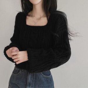 Square Neck Cable Knit Plain Crop Sweater Black 251233530