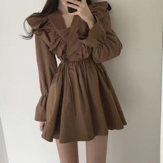 Puff-Sleeve V-Neck Plain Ruffle Mini A-Line Dress HS990 - Coffee by Elbelier