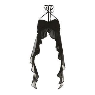 Halter Neck Plain Ruffled Asymmetrical Hem Crop Camisole Top Black by Sugarcoat