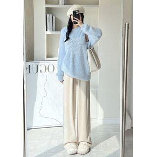 High Rise Wide Leg Plain Knit Sweatpants Off-White by evanesce