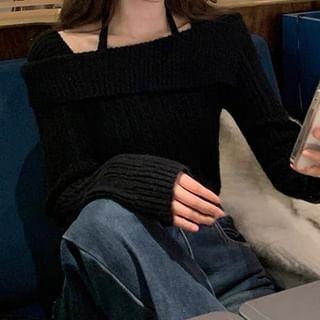 Long Sleeve Halter-Neck Cold-Shoulder Plain Sweater Black by Rosesand