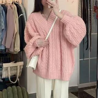 V-Neck Plain Cable-Knit Oversized Sweater Pink by Beaustreet