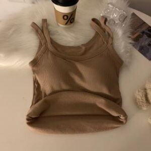 Plain Strappy Camisole Top with Pad Khaki 251234498