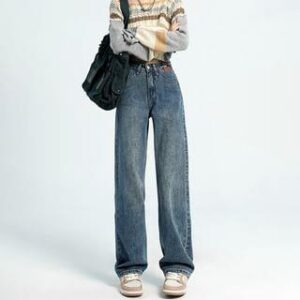 High Waist Washed Straight-Fit Wide-Leg Jeans Blue 251234505