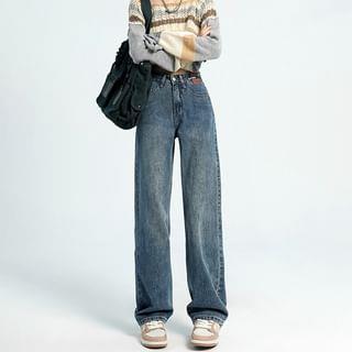 High Waist Washed Straight-Fit Wide-Leg Jeans Blue by Rosesand