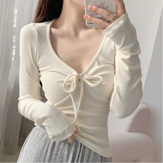 Long Sleeve V-Neck Plain Tie-Front Slim-Fit Tee Almond by Rosesand