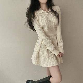 Set: Long-Sleeve Cable Knit Polo Top + Mini A-Line Skirt Almond by MIKIGA