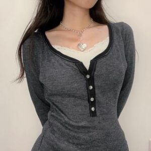grey scalloped scoop-neck button-front rib-knit top