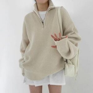 Mock Neck Half Zip Plain Sweater Almond 251234763