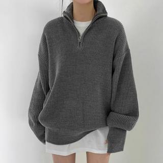 Mock Neck Half Zip Plain Sweater Gray by MIKIGA