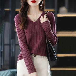 V-neck Plain Ribbed Sweater Fuchsia by INEN