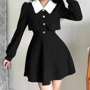 Long Sleeve Mock Two Piece Furry Collar Heart Button Slim-Fit Mini A-Line Dress Black 251234993