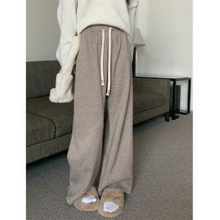 Fleece-Lined Drawstring-Waist Wide-Leg Pants Coffee by monroll