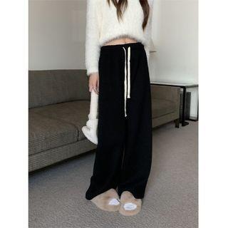Fleece-Lined Drawstring-Waist Wide-Leg Pants Black by monroll