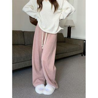 Fleece-Lined Drawstring-Waist Wide-Leg Pants Pink by monroll