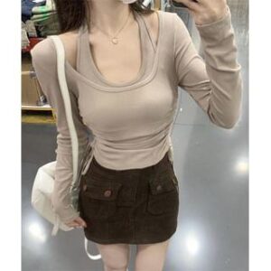 Set: Halter Neck Plain Crop Top + Long-Sleeve Scoop Neck Drawstring Slim Fit Tee Set of 2 - Top & T-Shirt - Light Coffee 251235080