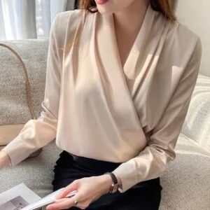 Long-Sleeve V-Neck Wrap Satin Blouse Almond 251235179