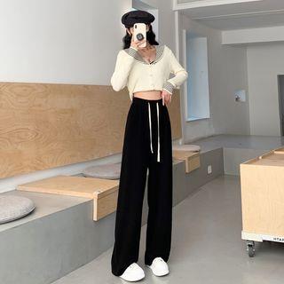 High-Waist Drawstring Plain Straight Leg Sweatpants Black by OGAWA