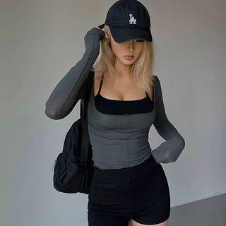 Set: Long-Sleeve Scoop Neck Plain T-Shirt + Sports Bra Top Set of 2 - T-Shirt & Bra Top - Gray & Black by Runyz