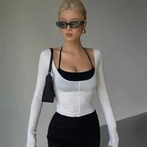 Set: Long-Sleeve Scoop Neck Plain T-Shirt + Sports Bra Top Set of 2 - T-Shirt & Bra Top - Black & White 251235362