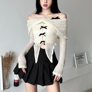Long-Sleeve Off-Shoulder Plain Asymmetrical Cutout Sheer Slim Fit Crop Knit Top Almond by Sugarcoat
