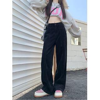 Mid Waist Straight Leg Corduroy Pants Black by Jerolenea