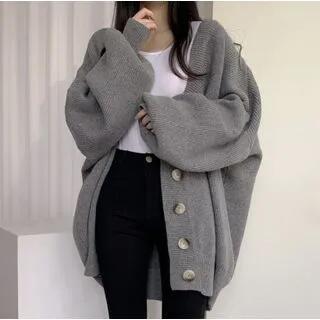 V-Neck Plain Ribbed Button-Up Oversized Cardigan Gray by FR