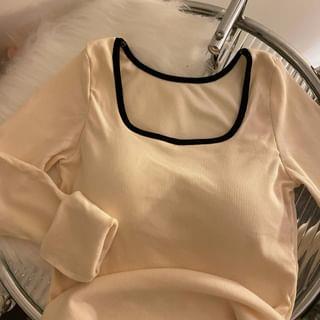 Long-Sleeve Fleece-Lined Slim-Fit Top Contrast Trim - Almond by Alfie