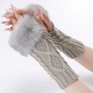 Faux Fur Knit Fingerless Gloves Light Gray by Kinoxslone