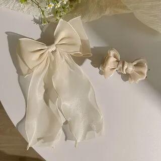 Bow Fabric Hair Clamp / Hair Clip / Scrunchie / Set (Various Designs) 08 - Set Of 2 - Champagne by LIDO