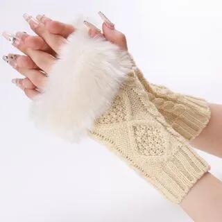 Faux Fur Knit Fingerless Gloves Beige by Kinoxslone