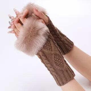 Faux Fur Knit Fingerless Gloves Khaki by Kinoxslone