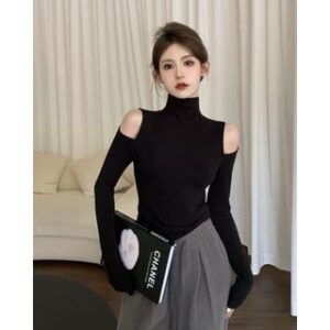 Long-Sleeve Turtleneck Cold-Shoulder Plain Slim Fit T-Shirt Black 251235762