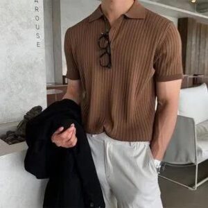 Short-Sleeve Collar Plain Ribbed T-Shirt Coffee 251235784