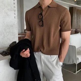 Short-Sleeve Collar Plain Ribbed T-Shirt Coffee by Lingaris