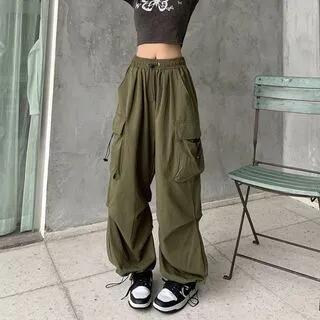 High Waist Pocket Loose-Fit Wide-Leg Cargo Pants Army Green by Rosesand
