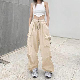 High Waist Pocket Loose-Fit Wide-Leg Cargo Pants Almond by Rosesand