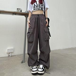 High Waist Pocket Loose-Fit Wide-Leg Cargo Pants Gray by Rosesand