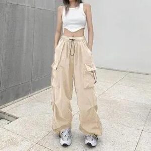 High Waist Pocket Loose-Fit Wide-Leg Cargo Pants Almond 251235817
