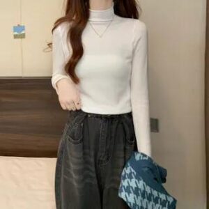 Plain Hood Zip Sweater Vest / Long-Sleeve Mock Neck Plain Top 2701 - Top - White 251235866