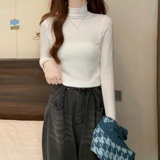 Plain Hood Zip Sweater Vest / Long-Sleeve Mock Neck Plain Top 2701 - Top - White by monroll