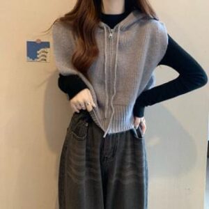Plain Hood Zip Sweater Vest / Long-Sleeve Mock Neck Plain Top 2700 - Vest - Gray 251235868