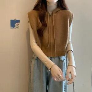 Plain Hood Zip Sweater Vest / Long-Sleeve Mock Neck Plain Top 2700 - Vest - Khaki 251235870