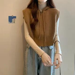Plain Hood Zip Sweater Vest / Long-Sleeve Mock Neck Plain Top 2700 - Vest - Khaki by monroll