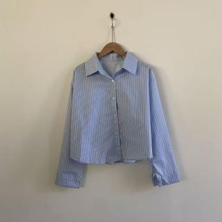 Striped Shirt / Plain Cropped Sweater Vest Shirt - Stripe - Blue & White by Maisee